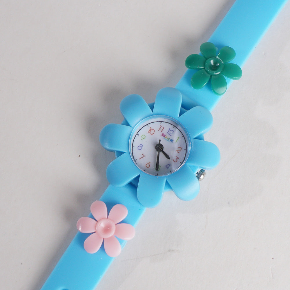 Rubber Strap Flower Dial Wrist Watch Blue