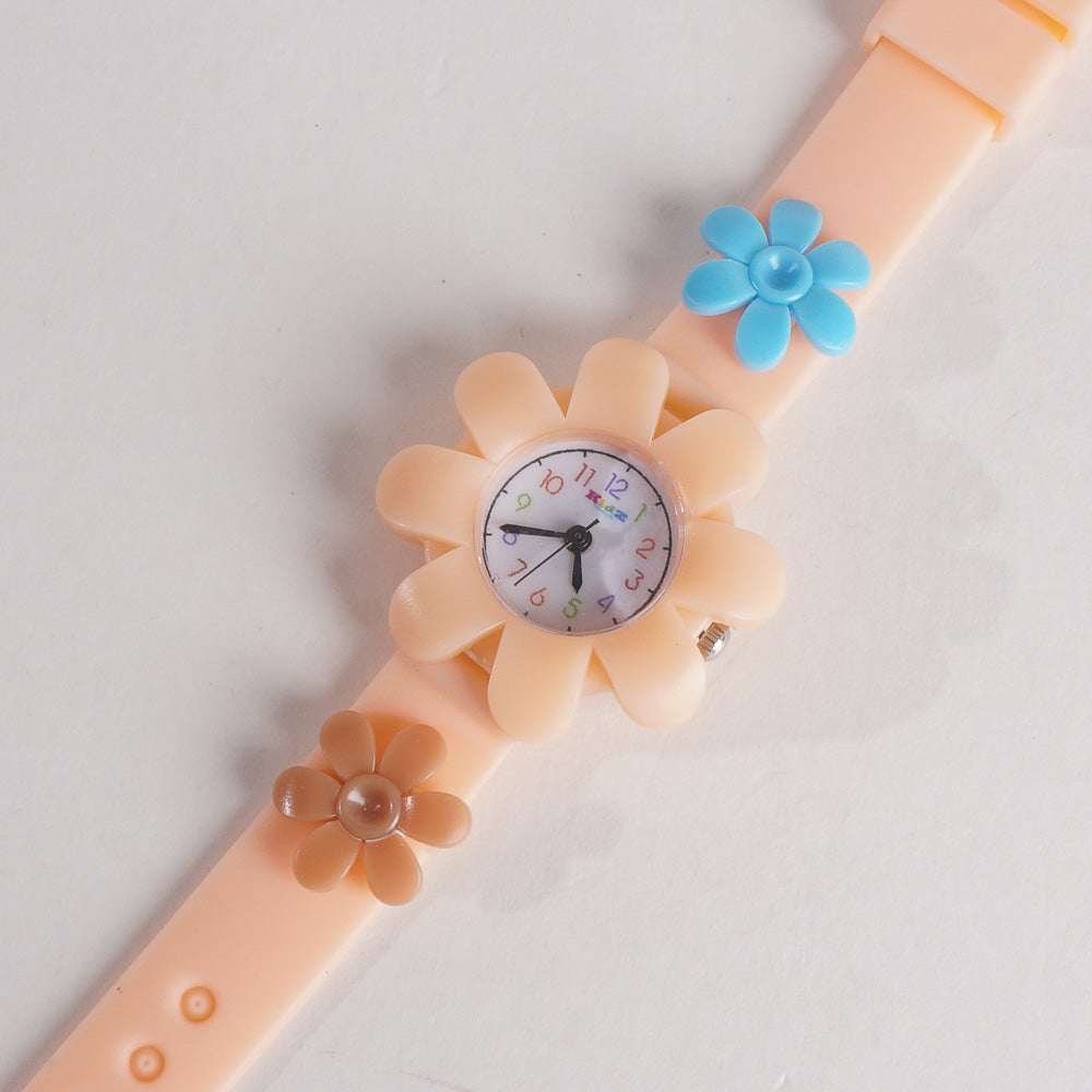Rubber Strap Flower Dial Wrist Watch Light Orange