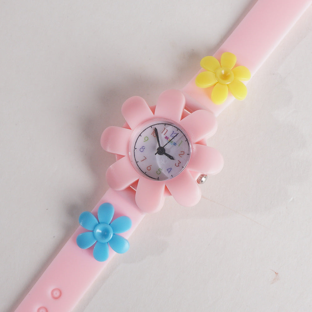 Rubber Strap Flower Dial Wrist Watch Light Pink
