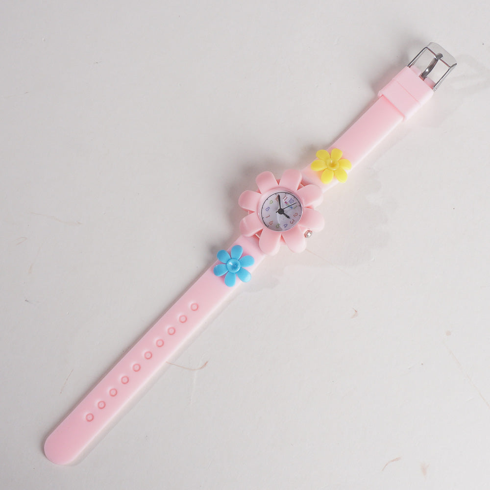 Rubber Strap Flower Dial Wrist Watch Light Pink