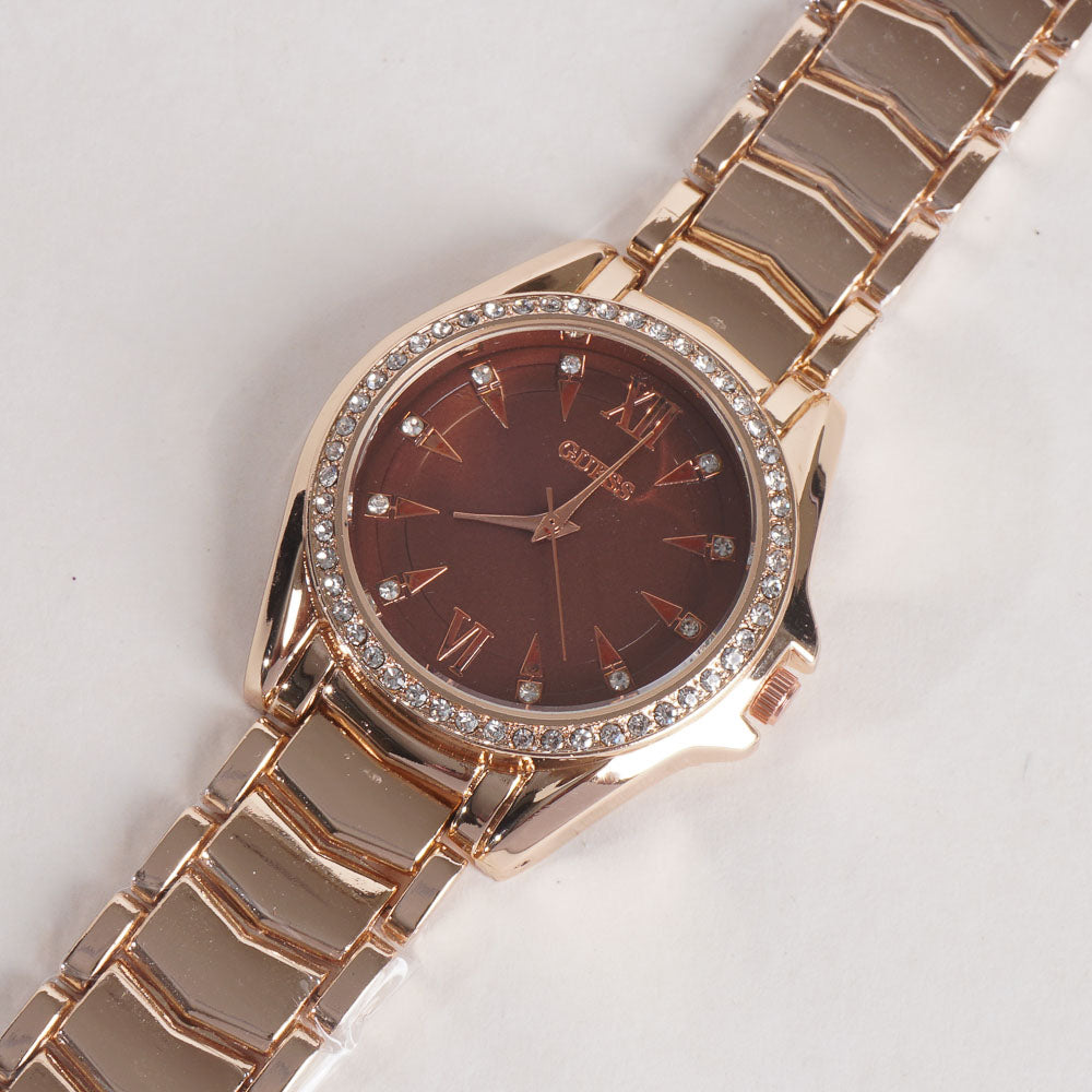 Women Stylish Chain Wrist Watch Rosegold With Brown Dial G