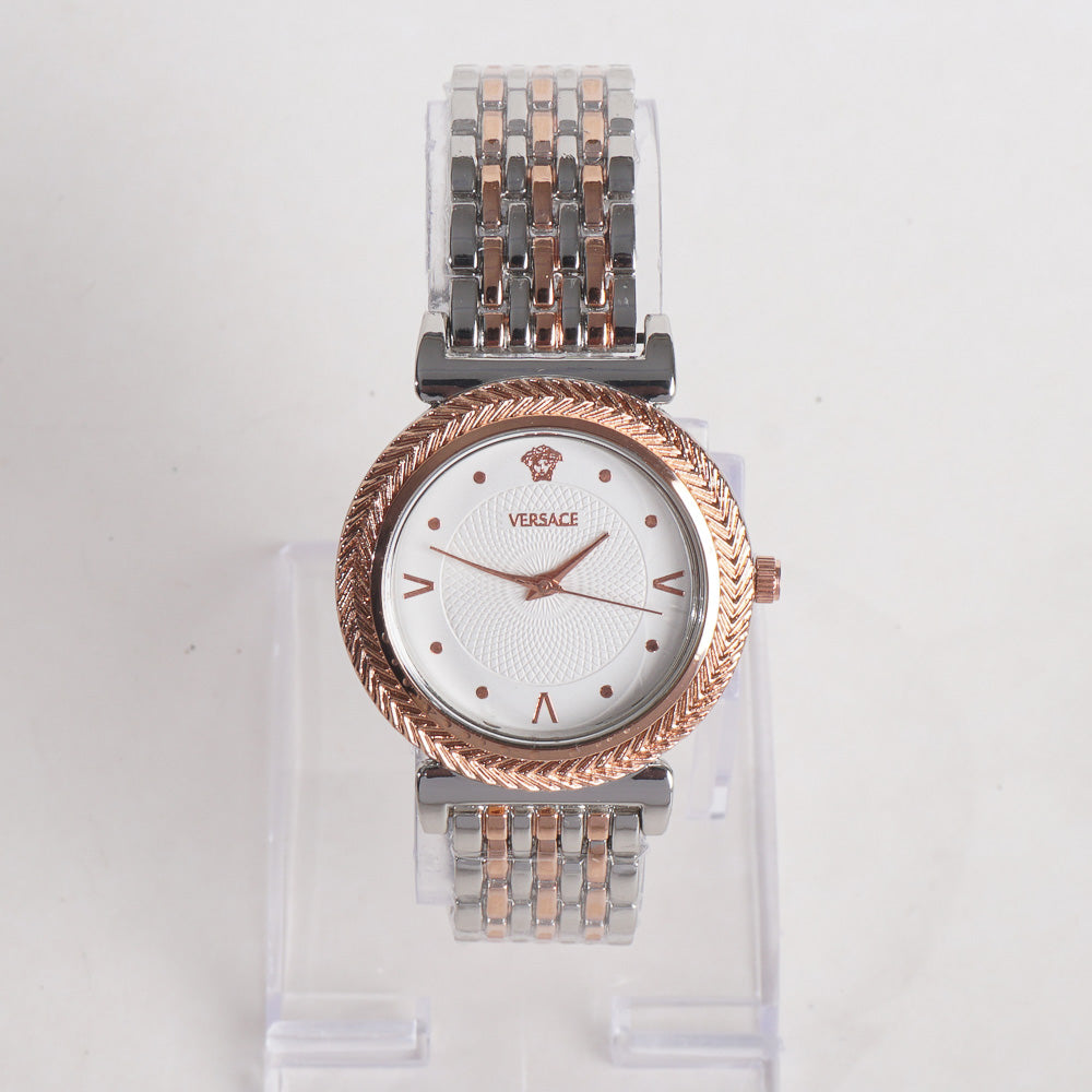 Two Tone Women Stylish Chain Wrist Watch Silver & Rosegold With White Dial V