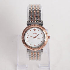 Two Tone Women Stylish Chain Wrist Watch Silver & Rosegold With White Dial V