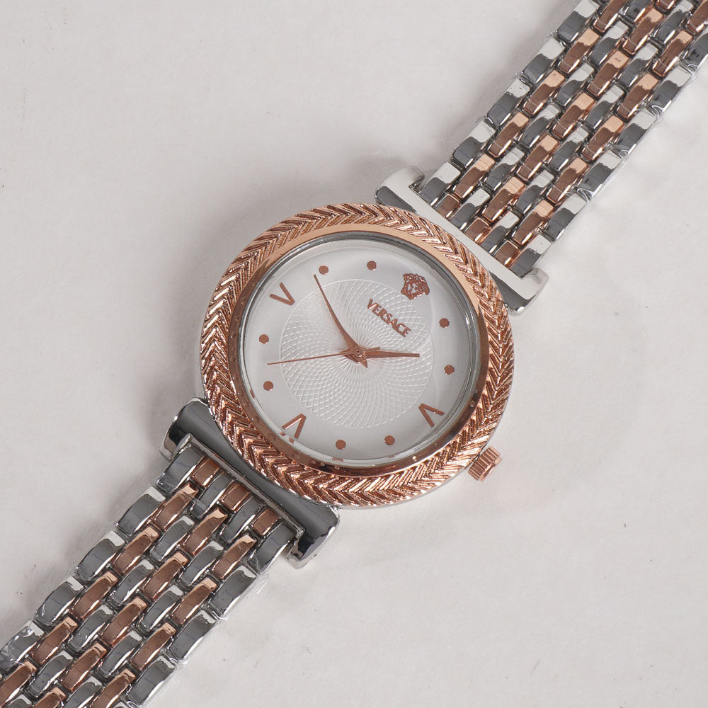 Two Tone Women Stylish Chain Wrist Watch Silver & Rosegold With White Dial V