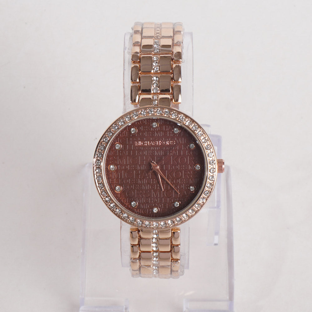 Women Stylish Chain Wrist Watch Rosegold With Brown Dial MK