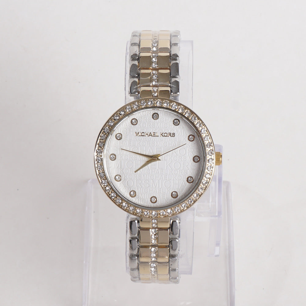 Two Tone Women Stylish Chain Wrist Watch White Dial MK