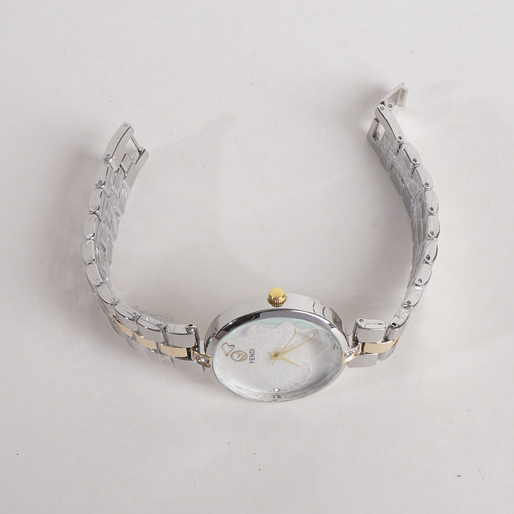 Two Tone Women Stylish Chain Wrist Watch White Dial F