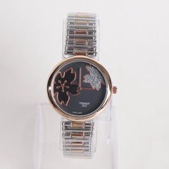 Two Tone Women Stylish Chain Wrist Watch Silver&Rosegold With Black Dial