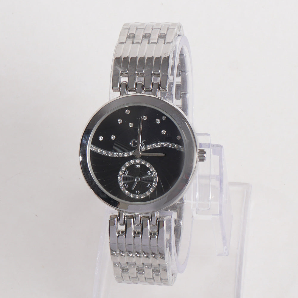 Women Stylish Chain Wrist Watch Silver With Black Dial