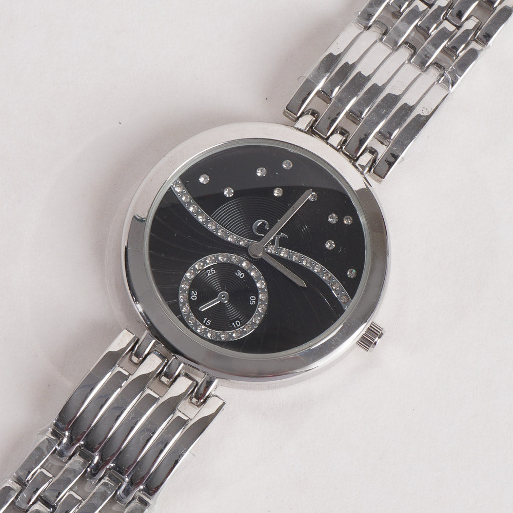 Women Stylish Chain Wrist Watch Silver With Black Dial