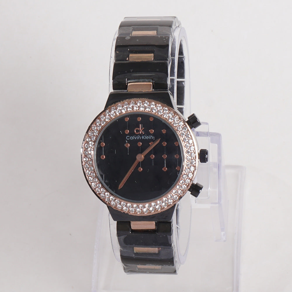 Two Tone Women Stylish Chain Wrist Watch Black&Rosegold With Black Dial