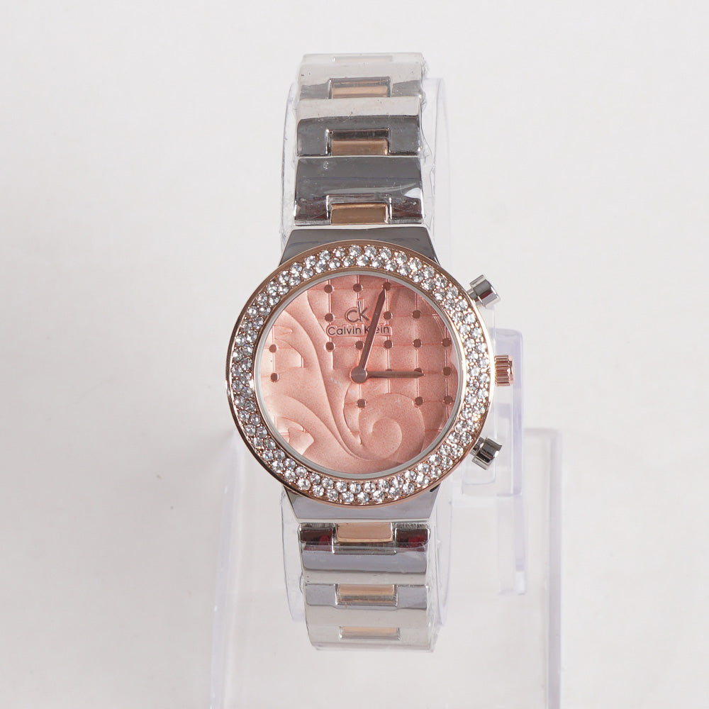 Two Tone Women Stylish Chain Wrist Watch Silver&Rosegold Pink Dial