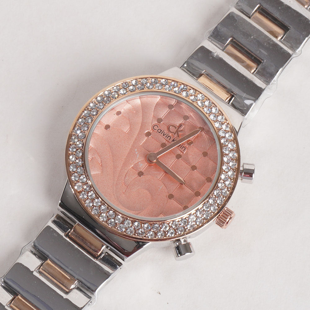 Two Tone Women Stylish Chain Wrist Watch Silver&Rosegold Pink Dial