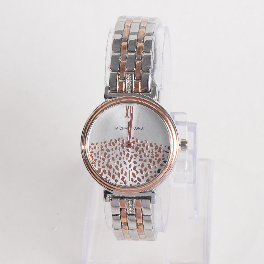 Two Tone Women Stylish Chain Wrist Watch Silver&Rosegold With White Dial