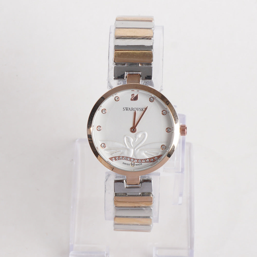 Two Tone Women Stylish Chain Wrist Watch Silver&Rosegold With White Dial