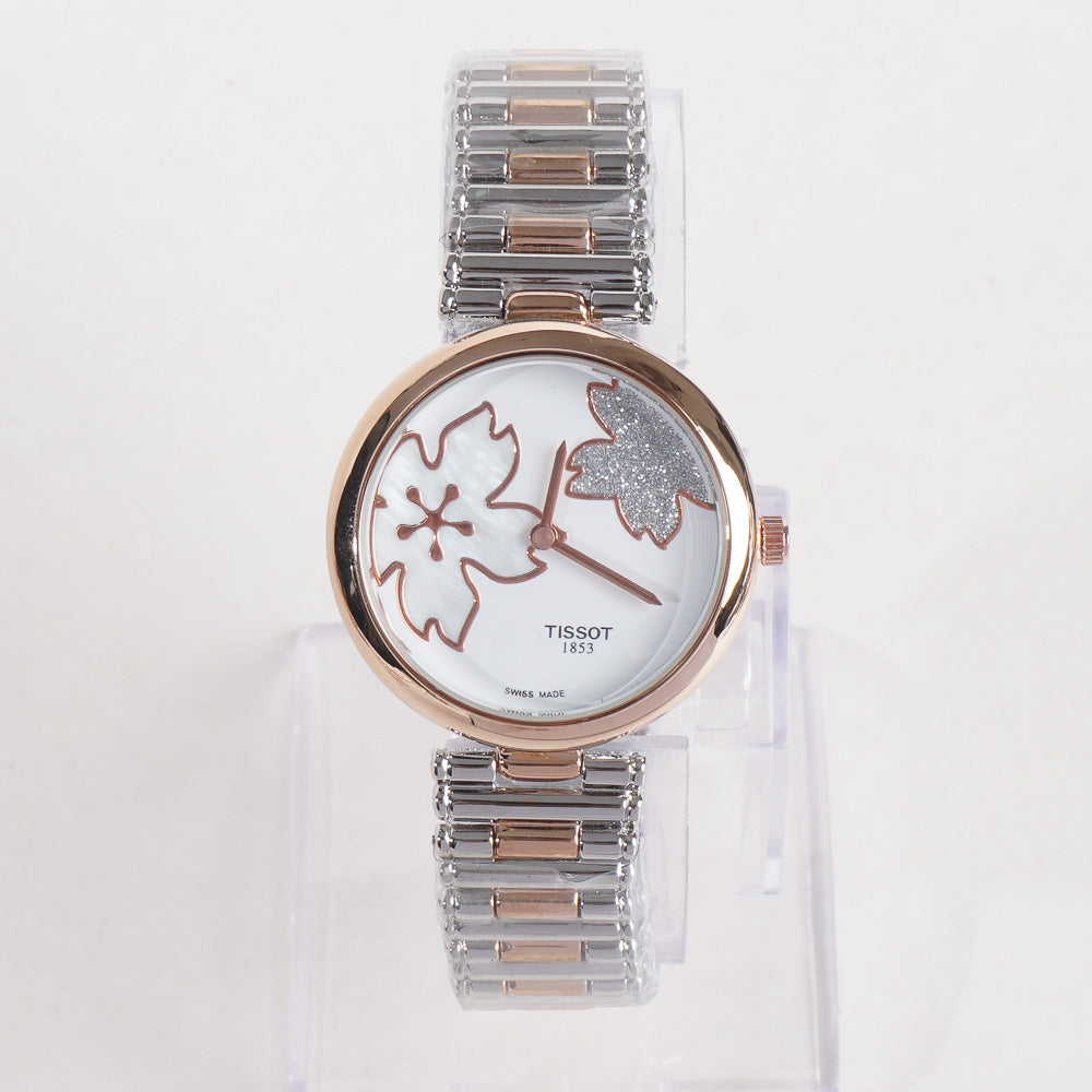 Two Tone Women Stylish Chain Wrist Watch Silver&Rosegold With White Dial