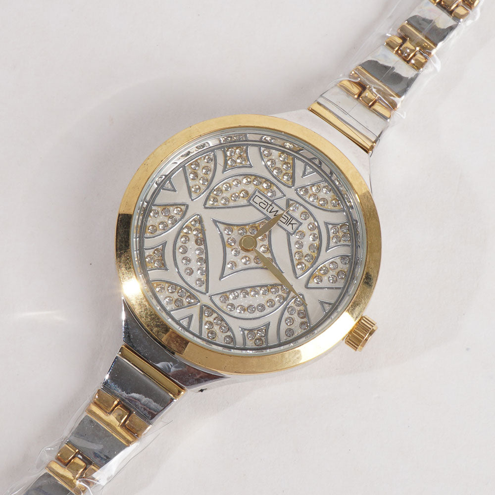 Two Tone Women Stylish Chain Wrist Watch Silver&Golden With White Dial