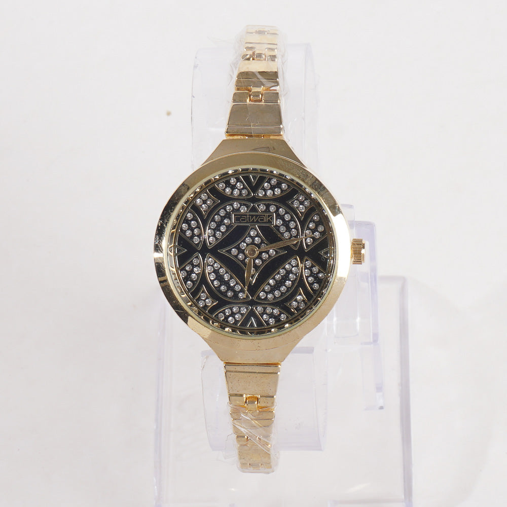 Women Stylish Chain Wrist Watch Golden With Black Dial