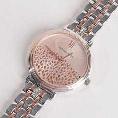 Two Tone Women Stylish Chain Wrist Watch Silver&Rosegold With Pink Dial