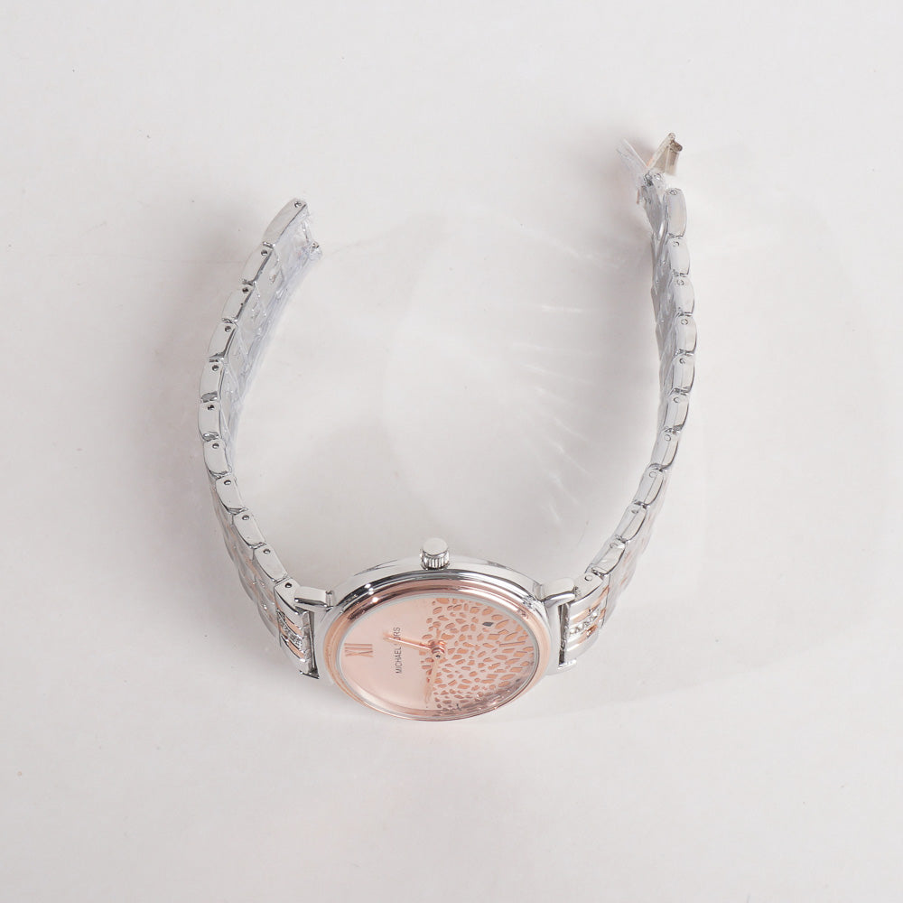 Two Tone Women Stylish Chain Wrist Watch Silver&Rosegold With Pink Dial