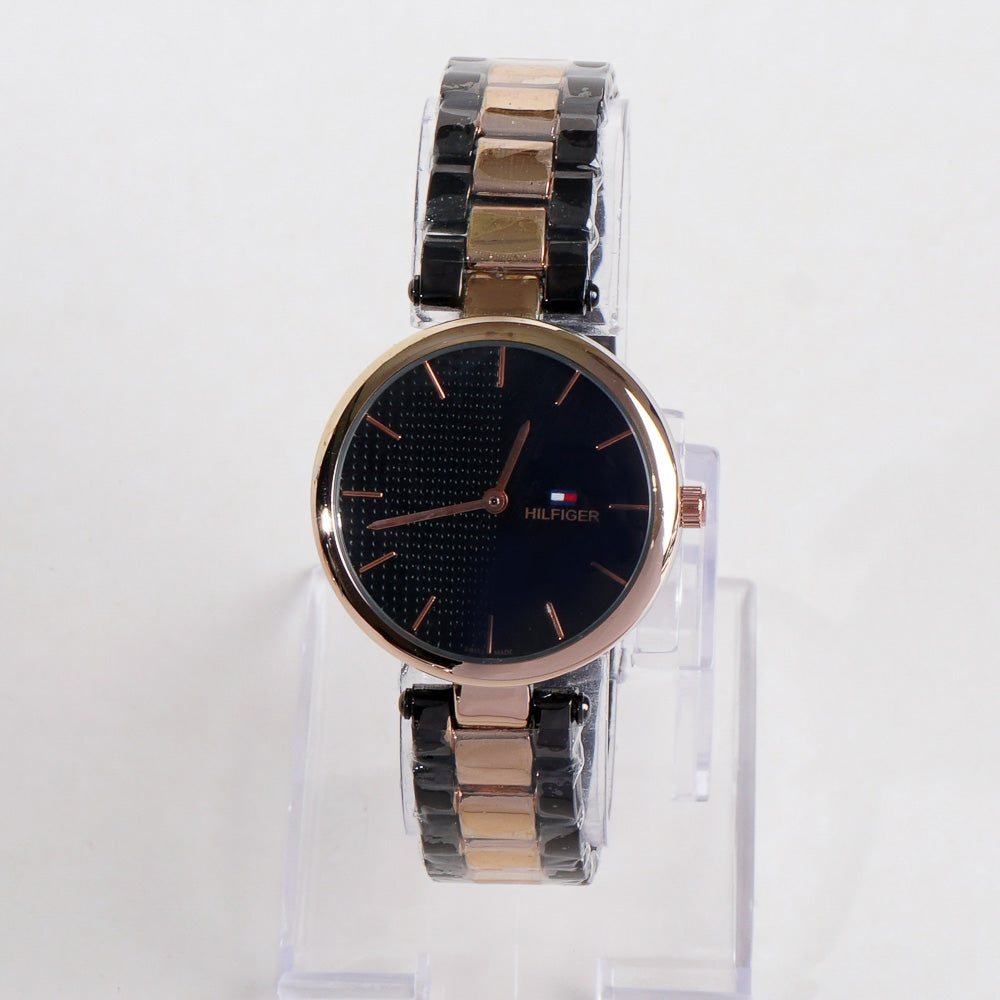 Two Tone Women Stylish Chain Wrist Watch Black&Rosegold With Black Dial
