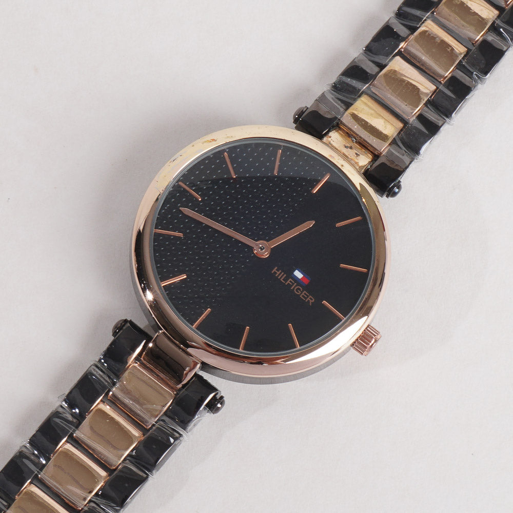 Two Tone Women Stylish Chain Wrist Watch Black&Rosegold With Black Dial