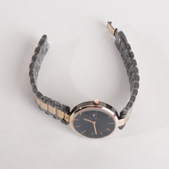 Two Tone Women Stylish Chain Wrist Watch Black&Rosegold With Black Dial