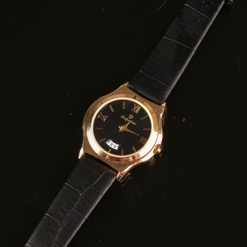 Black Leather Strap Golden Dial Women Wrist Watch