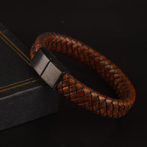 Brwon Braided Black Mangnetic Lock Leather Bracelet