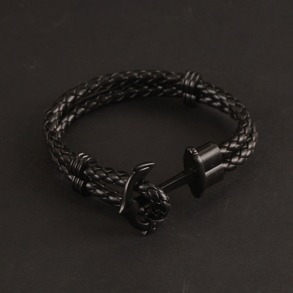 Black Leather Rope Bracelet Anchor Design
