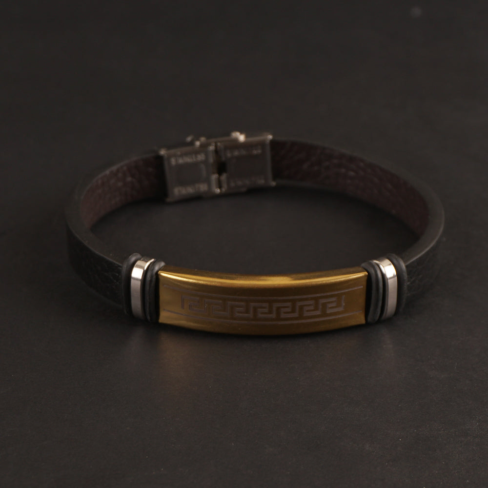 Black Leather Bracelet Golden