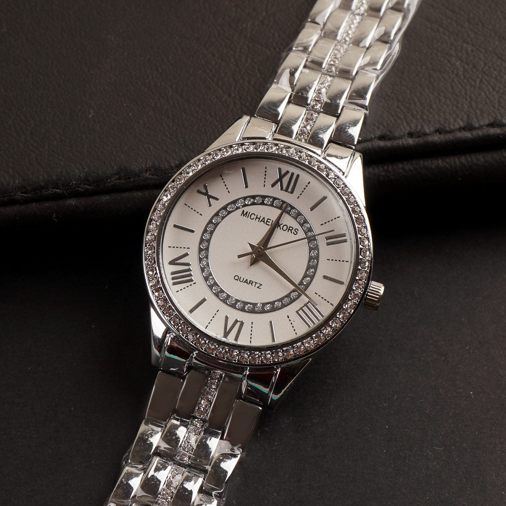 Women Chain Wrist Watch Silver White MK