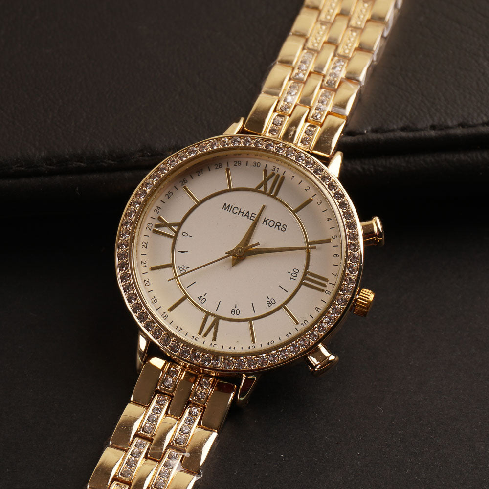 Women Chain Wrist Watch Golden White MK