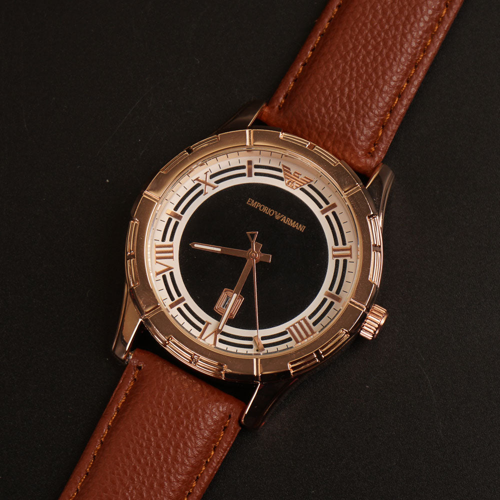 Mens Wrist Watch Brown Strap with Rosegold Dial