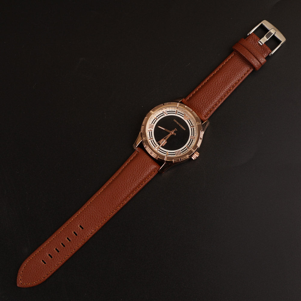 Mens Wrist Watch Brown Strap with Rosegold Dial