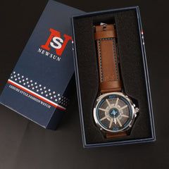 Mens Fancy Watch With Date & Time Brown Strap