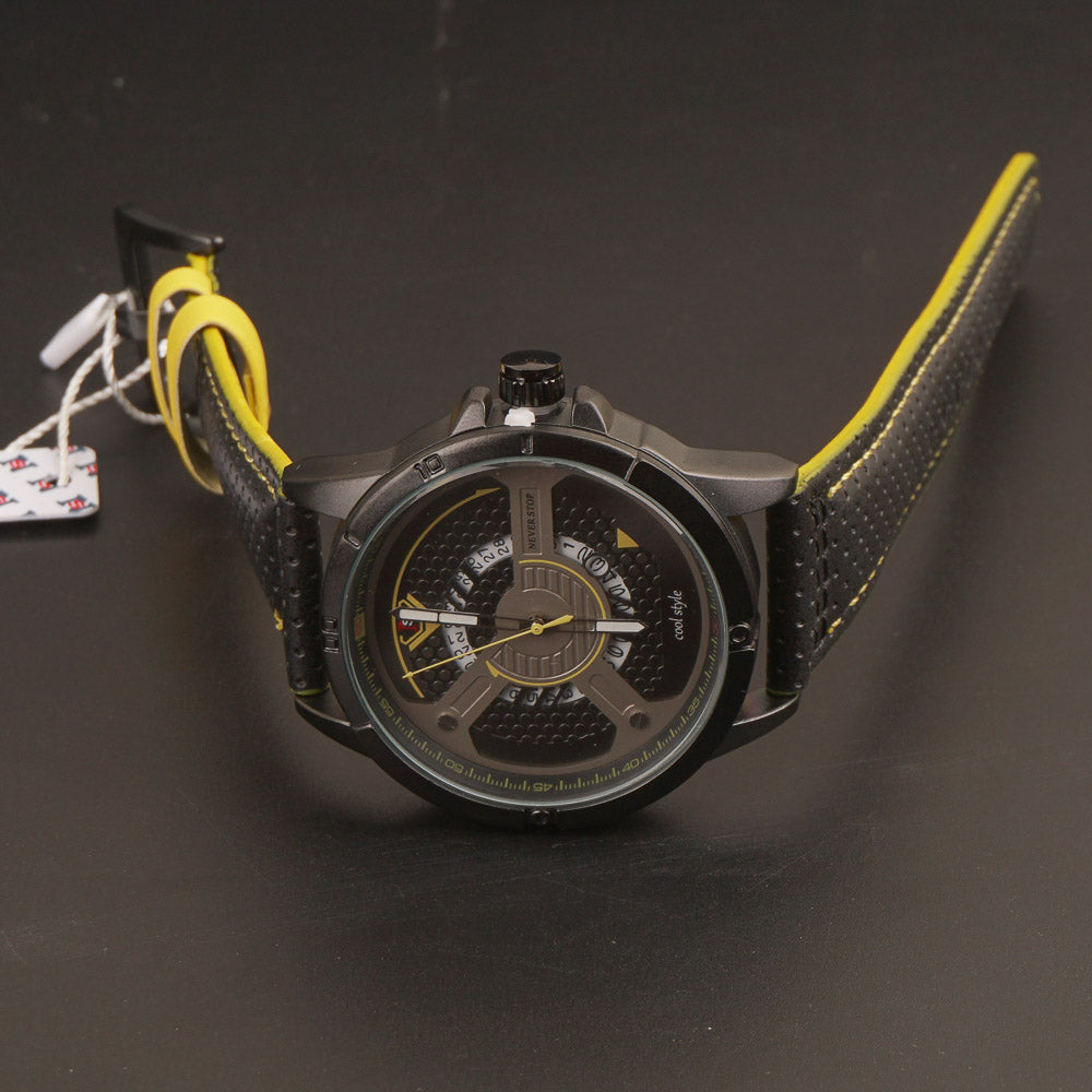 Mens Fancy Watch With Date & Time Black-Yellow Strap