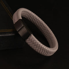 Gray Braided Leather Black Magnetic Lock Fashion Bracelet