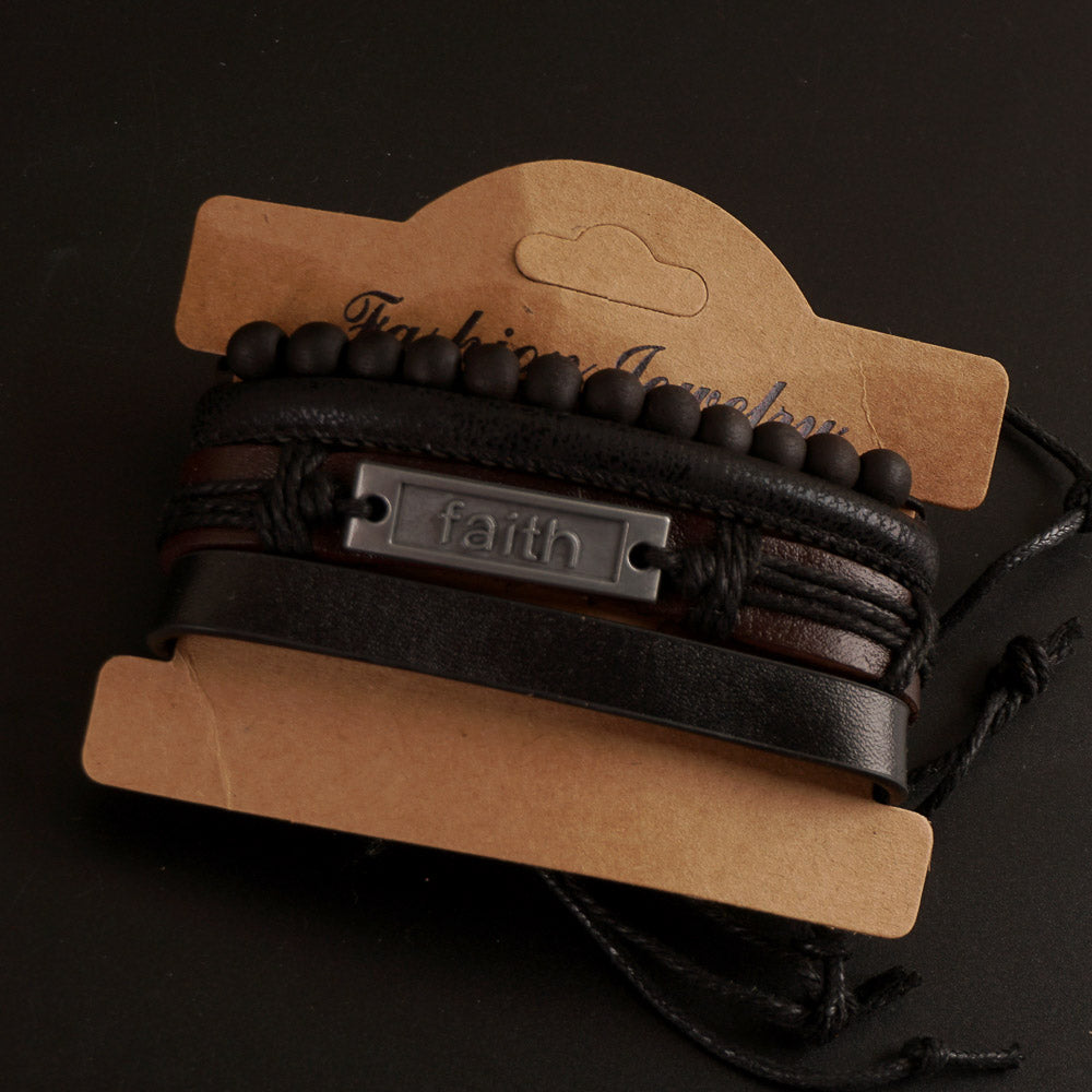 4Pc Set New Casual Faith PU Leather Bracelets
