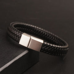 Black Braided Leather Silver Magnetic Lock Fashion Bracelet