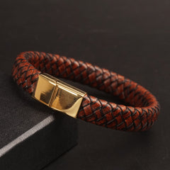 Brown Leather Golden magnetic lock Leather Bracelet