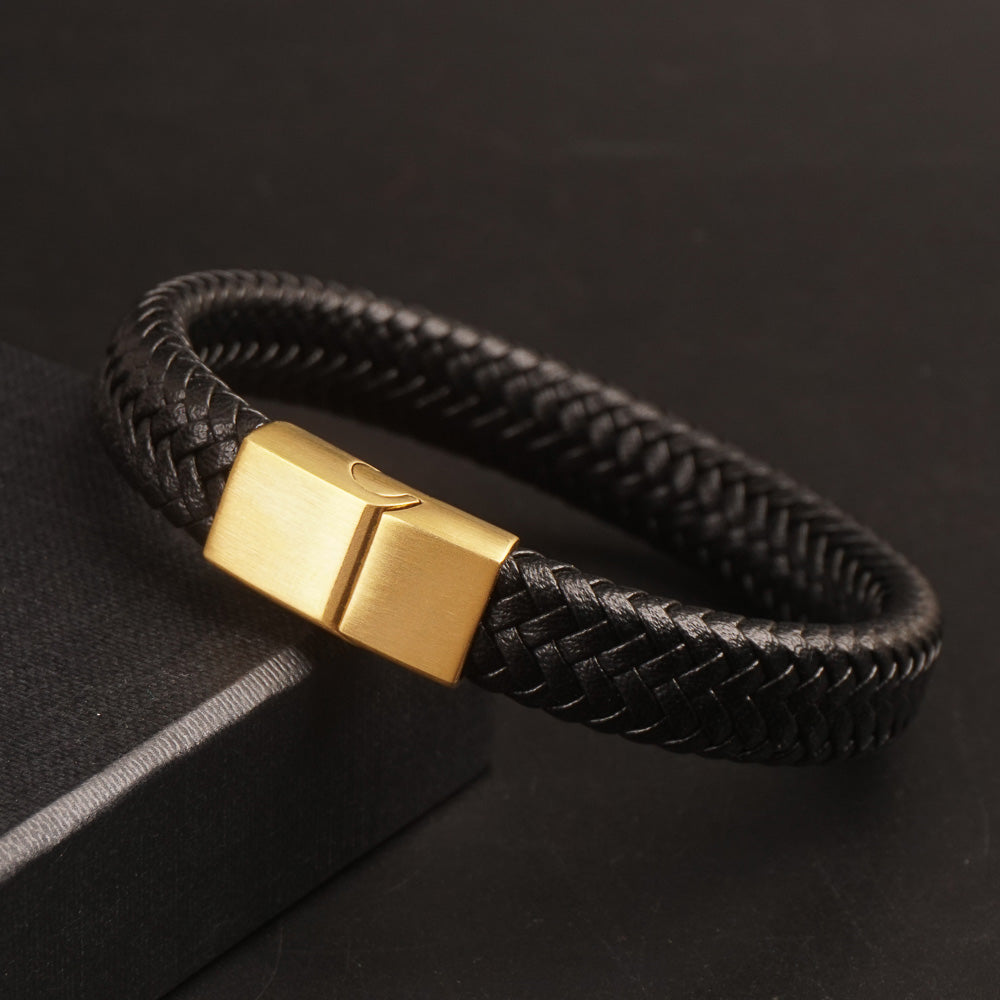 Black Leather with Golden magnetic lock Leather Bracelet