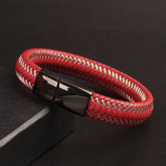 Red Leather silver Wire with Black magnetic lock Leather Bracelet