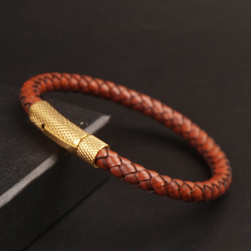 Brown Leather with Golden lock Leather Fashion Bracelet