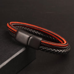 Black Leather Red & Black Wire with Black magnetic lock Fashion Leather Bracelet