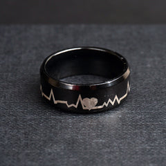 Black Round Titanium Ring Heart Design