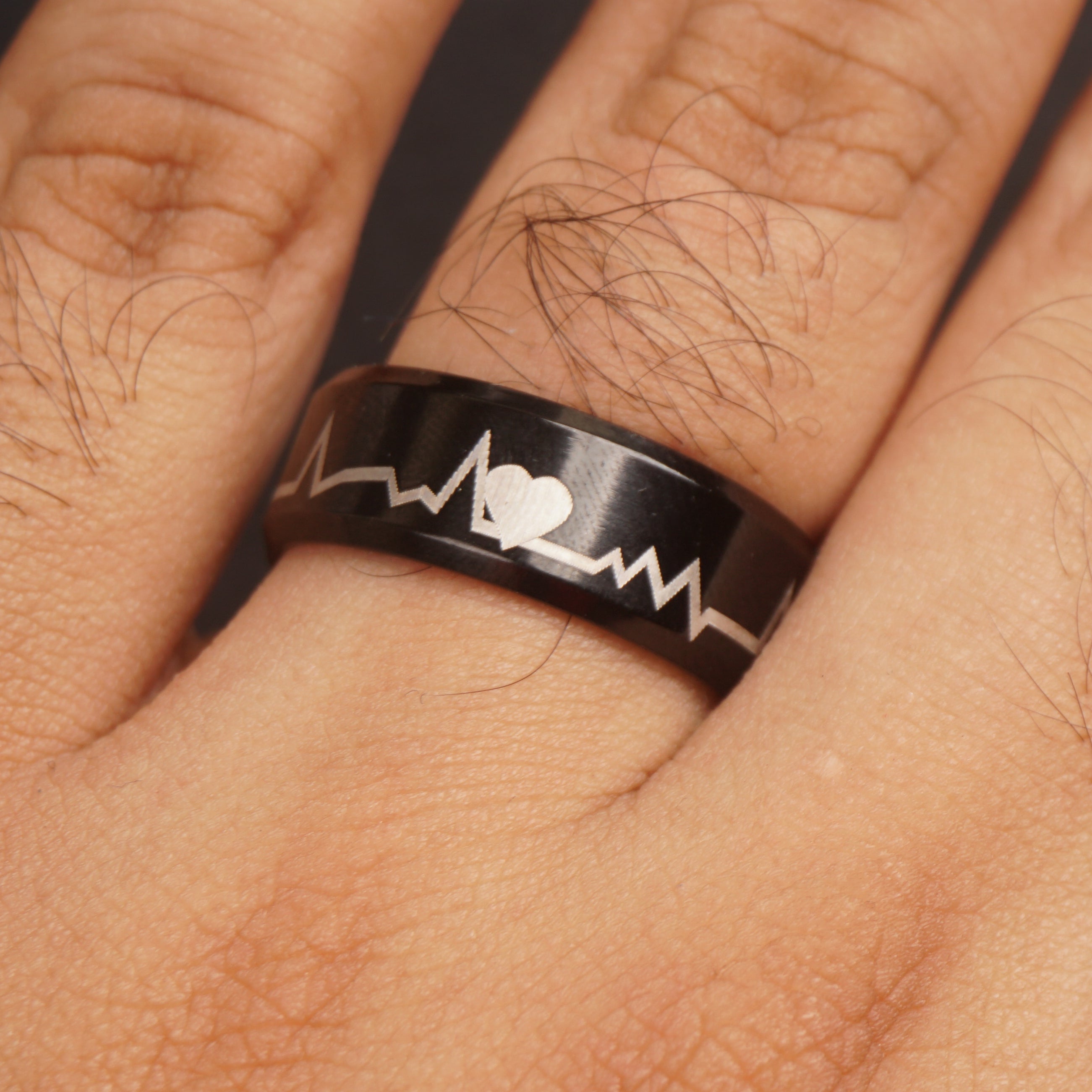 Black Round Titanium Ring Heart Design