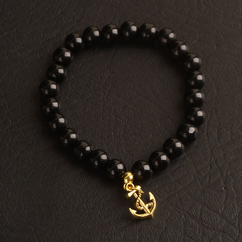 Black Beads Bracelet with Anchor