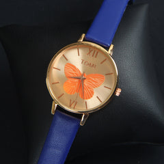 Dark Blue Leather Strap Rose Dial Fashion TM204 Women Wrist Watch