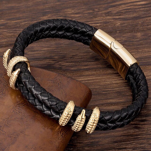 Gold Dragon Claw Fashion Handmade Rope Black Vintage Leather Bracelet